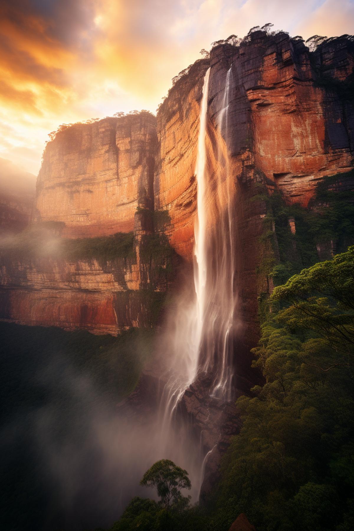 Angel Falls, majestic, misty, DSLR, wide-angle lens, golden hour, dreamy landscape, vivid colors