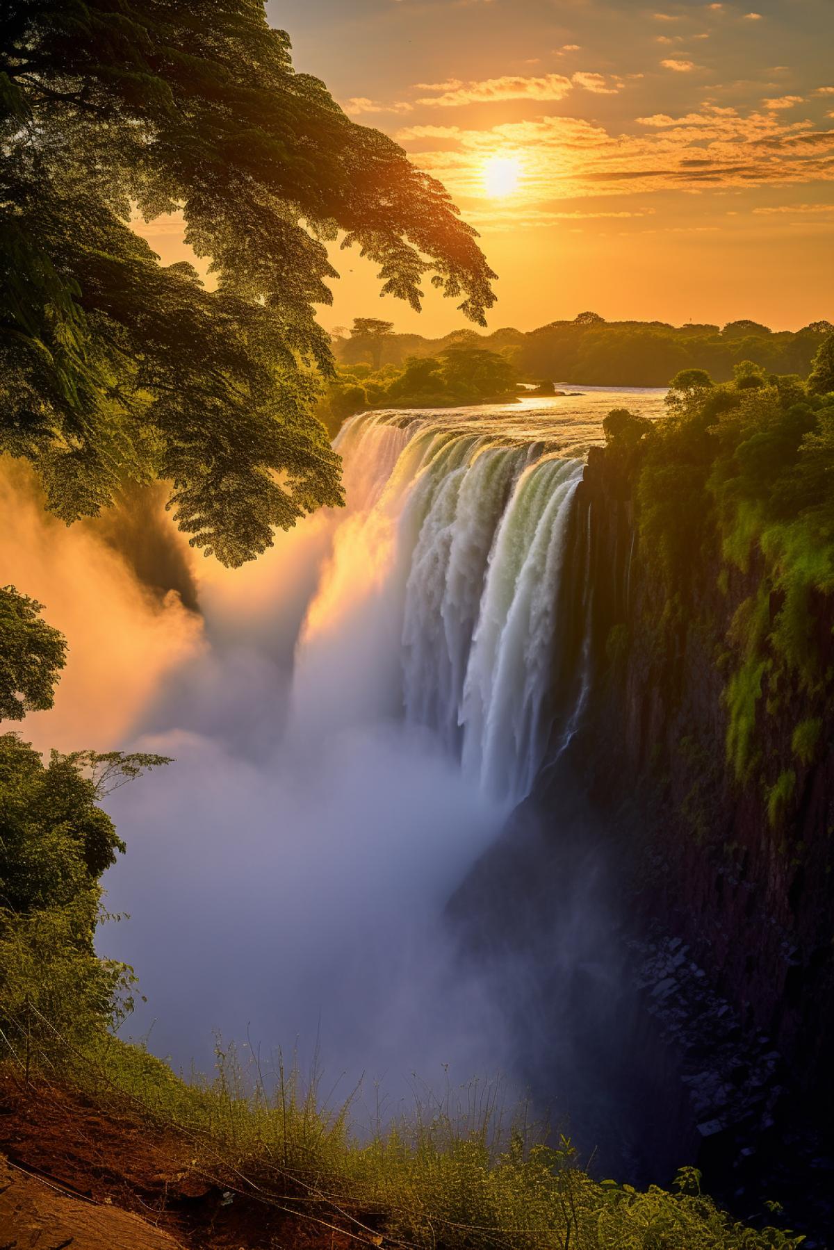 Victoria Falls, powerful, cascading, mirrorless camera, telephoto lens, sunrise, dramatic vista, vibrant tones