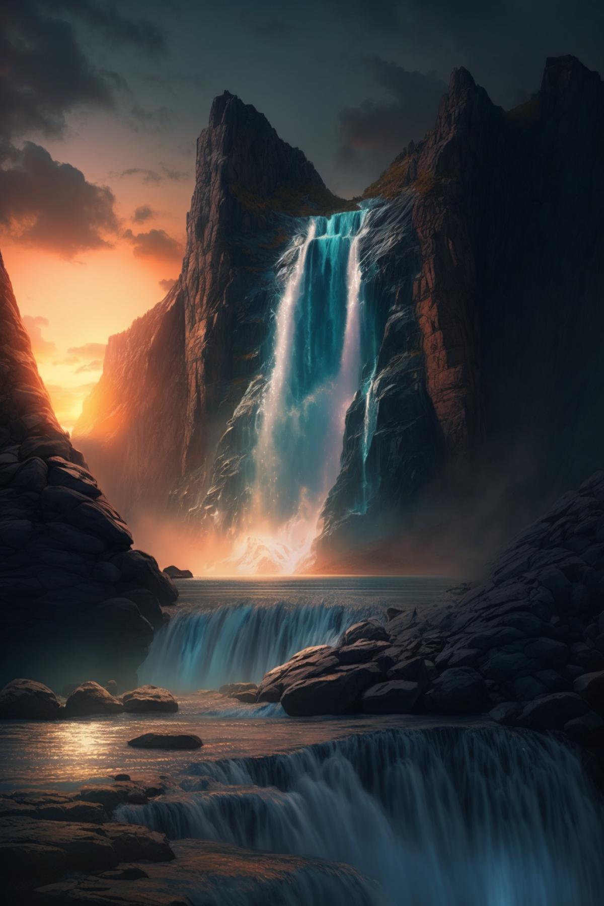 Huge waterfall at sunset, high resolution 4K