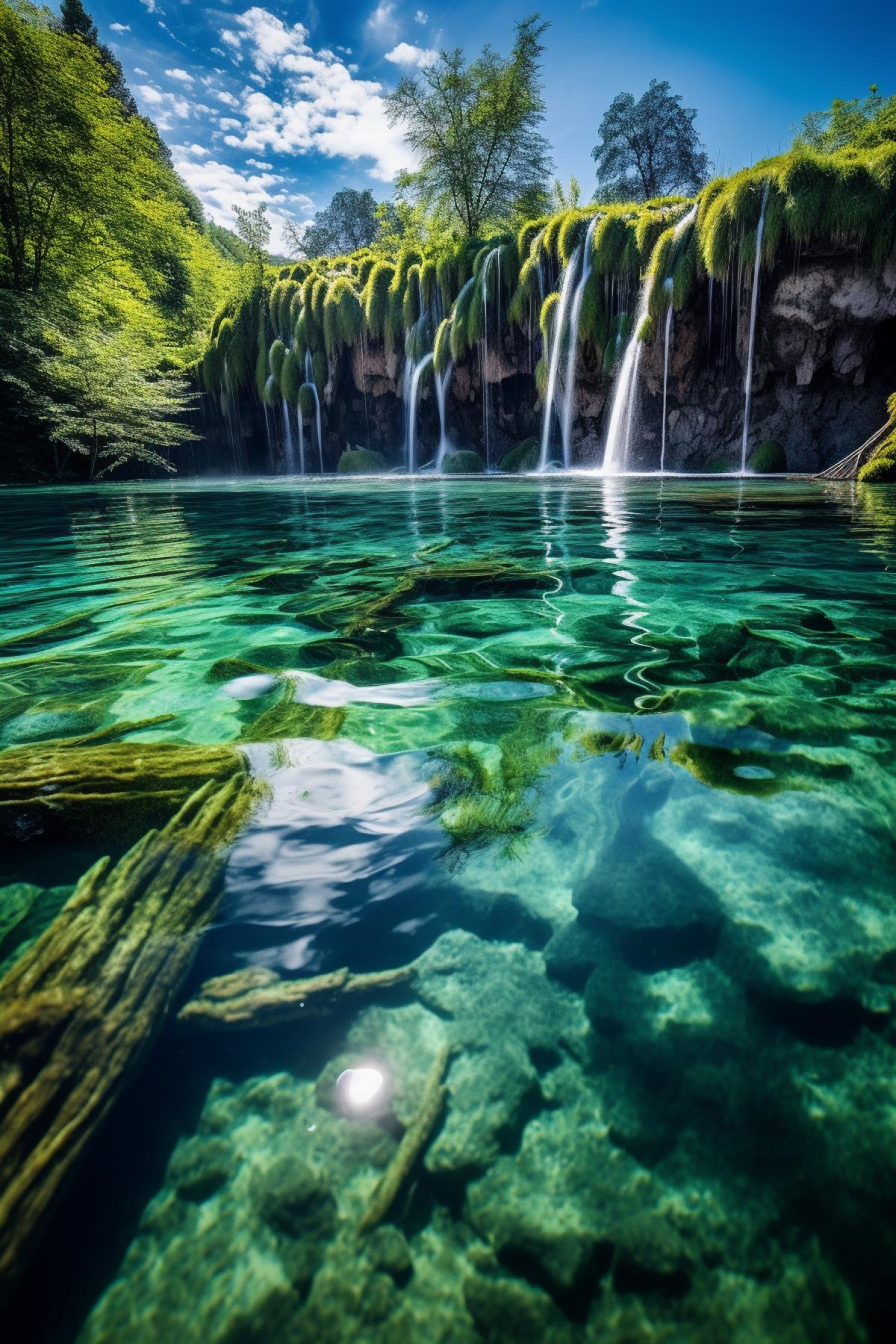 Plitvice falls, serene, crystal-clear, compact camera, fisheye lens, midday, surreal reflection, vivid saturation