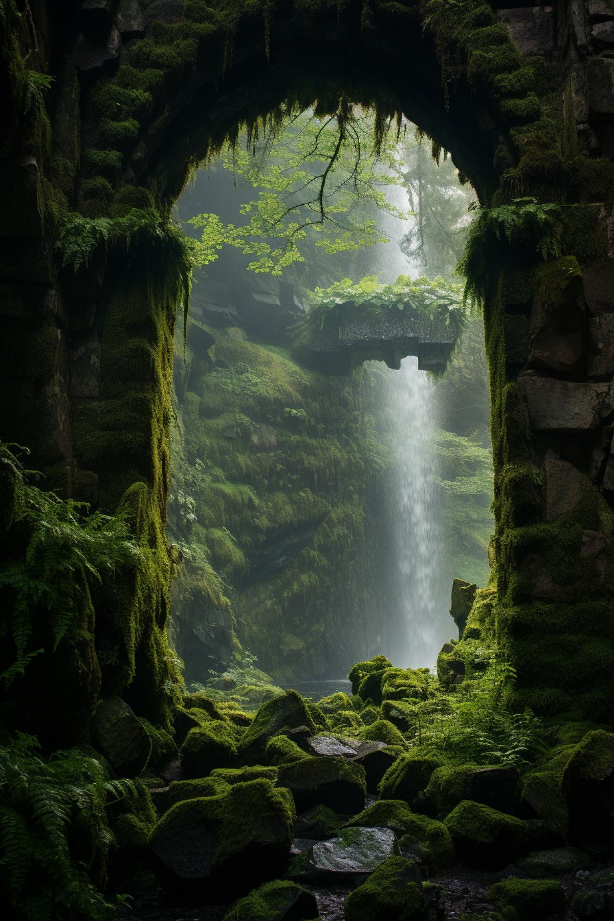 Langfossen, fairy tale realm, enchanting, vintage lens, misty morning, hidden waterfall framed by overgrown ivy and moss, enchanting nostalgia