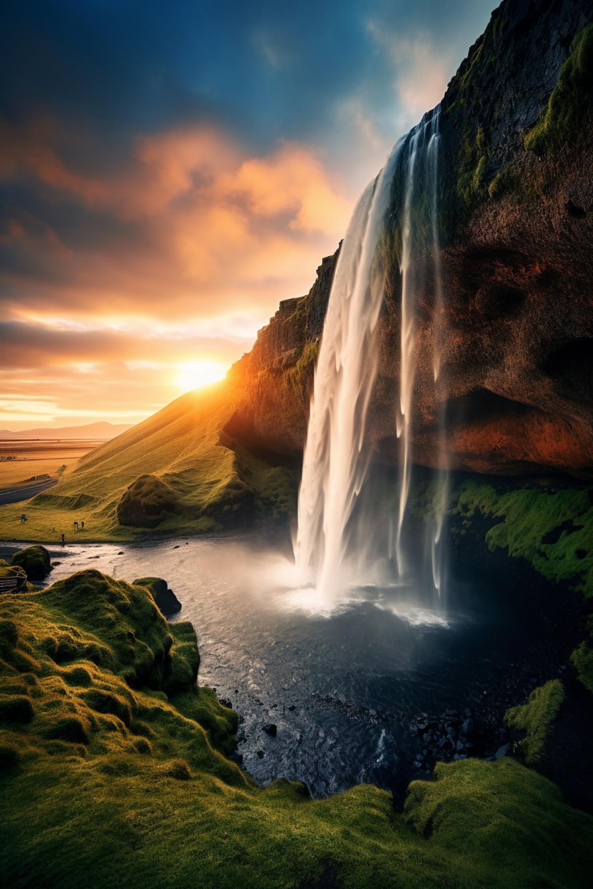 Seljalandsfoss, mystical veil, ethereal, smartphone camera, wide-angle lens, twilight, cascading waterfall enveloped in a shimmering curtain of mist, enchanting mystique