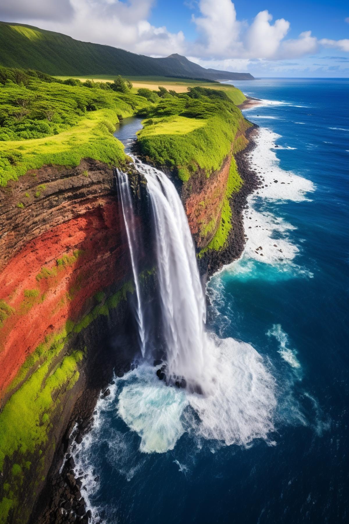 Kaihalulu Falls, fiery cascade, volcanic beauty, drone camera, aerial view lens, golden hour, waterfall streaming down red volcanic cliffs into blue ocean waters, fiery contrasts