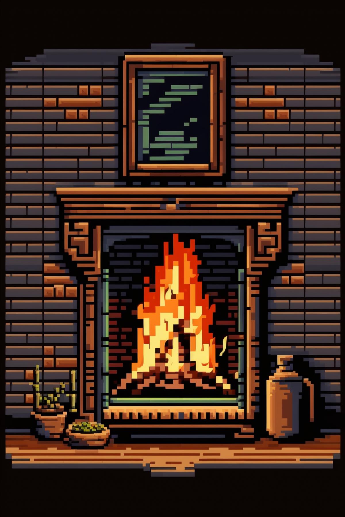 fire in the fireplace, pixel art style