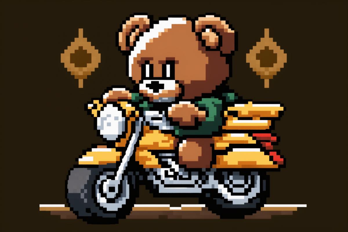 cute teddy bear on a motorcycle, pixel art style