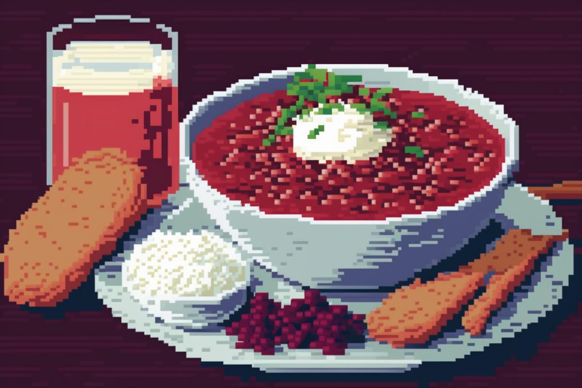 Delicious borscht, Russian lunch, pixel art