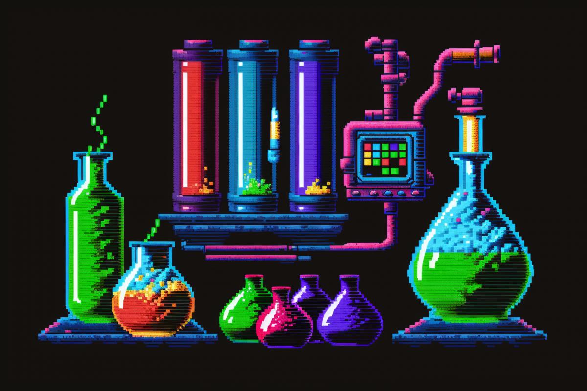Mysterious chemical laboratory, many multi-colored flasks and devices, pixel art