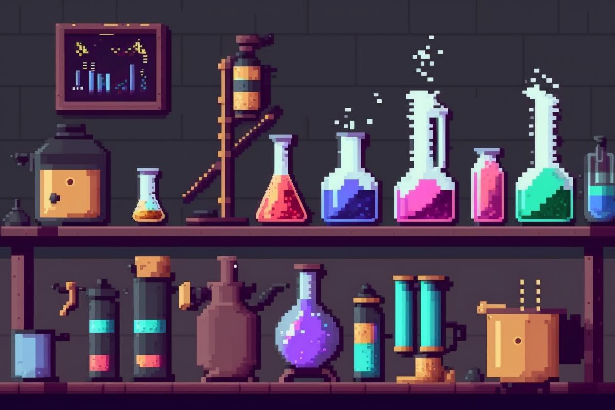 Mysterious chemical laboratory, many multi-colored flasks and devices, pixel art