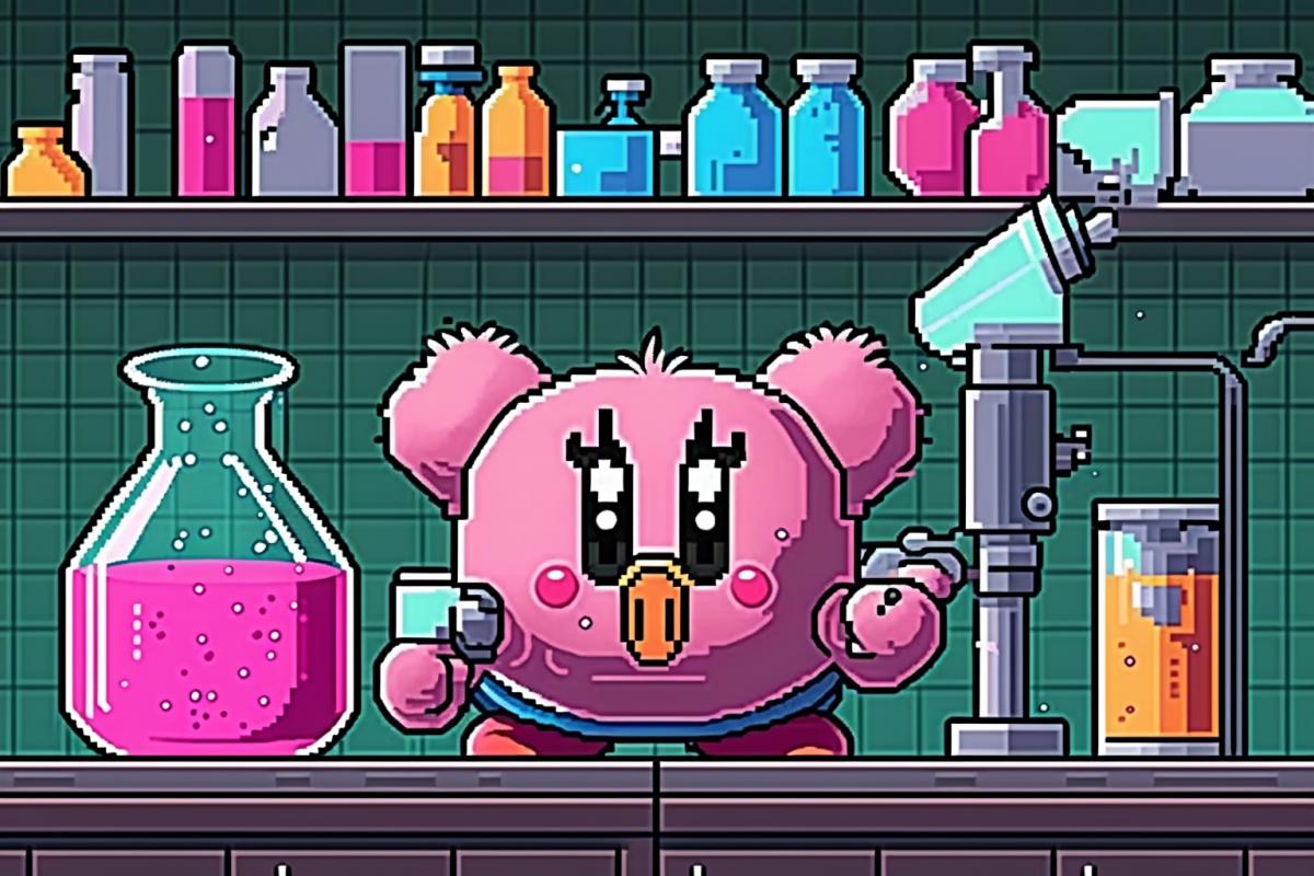 Kirby doing chemical science in a mysterious chemistry lab, pixel art