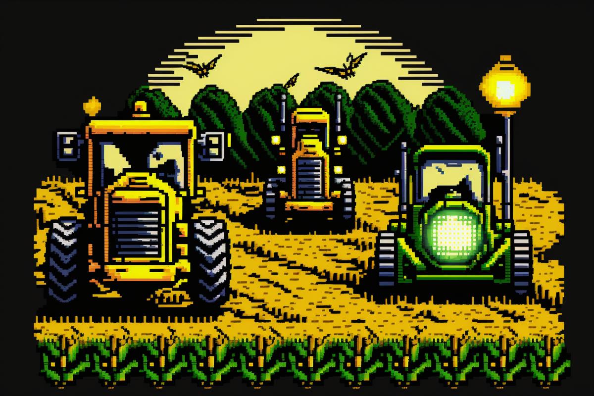 Fierce tractors in the night corn field, pixel art