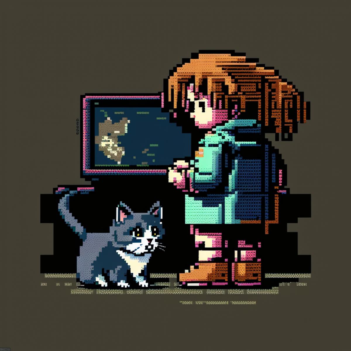 Little girl playing with a cat, pixel art