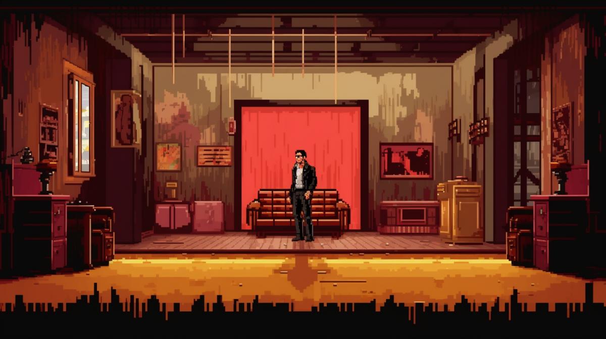 Frame from Tarantino movie in pixel art style