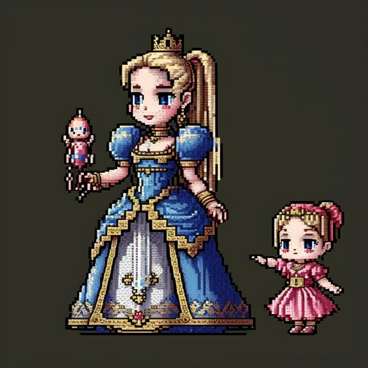 dollhouse and princess, pixel art style