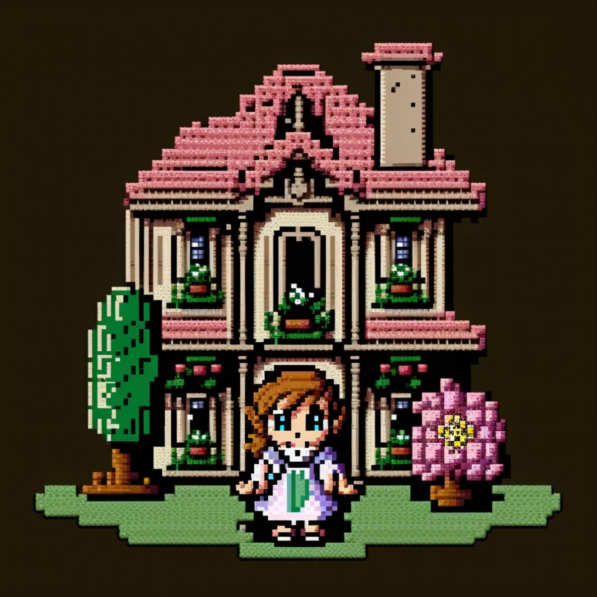 dollhouse and princess, pixel art style