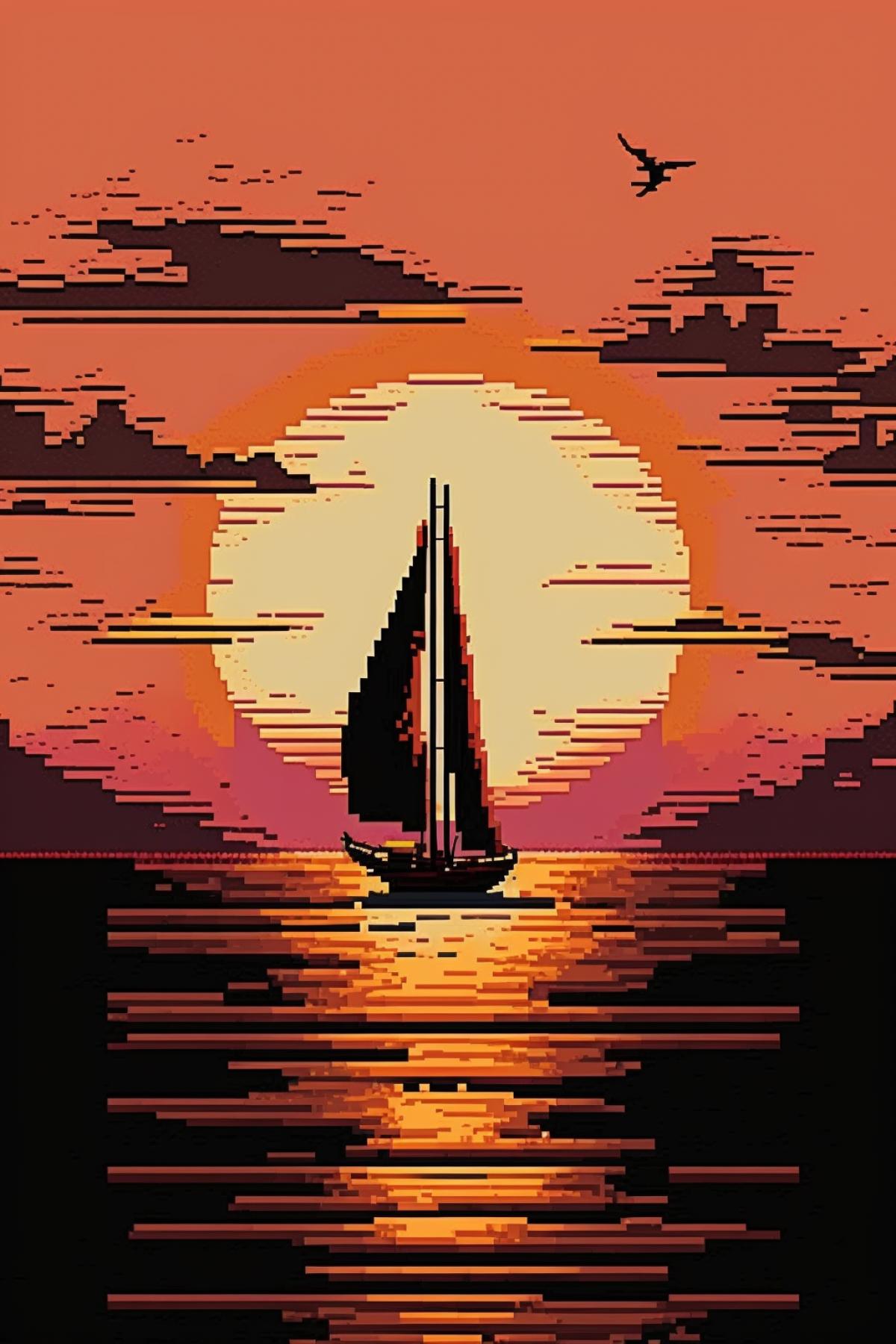 Sunset on the sea, sailboat, , pixel art