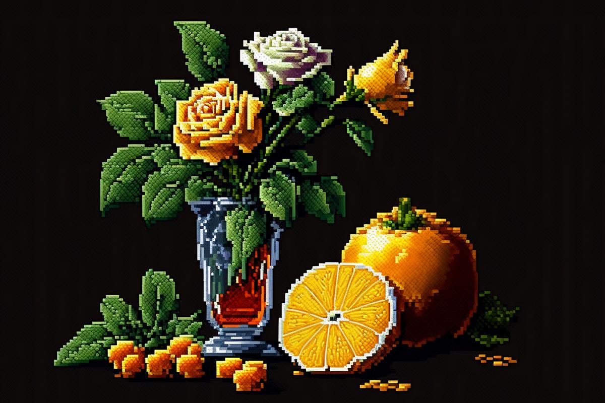 Still life with lemons, oranges and a rose, pixel art