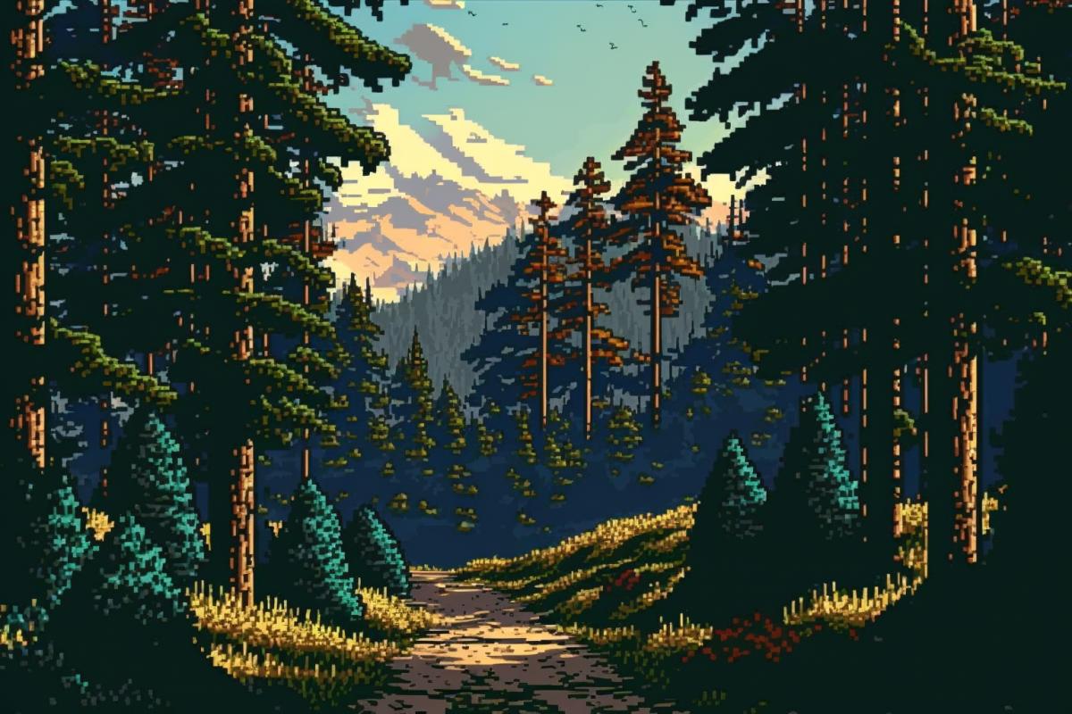 Morning in Shishkins pine forest, pixel art