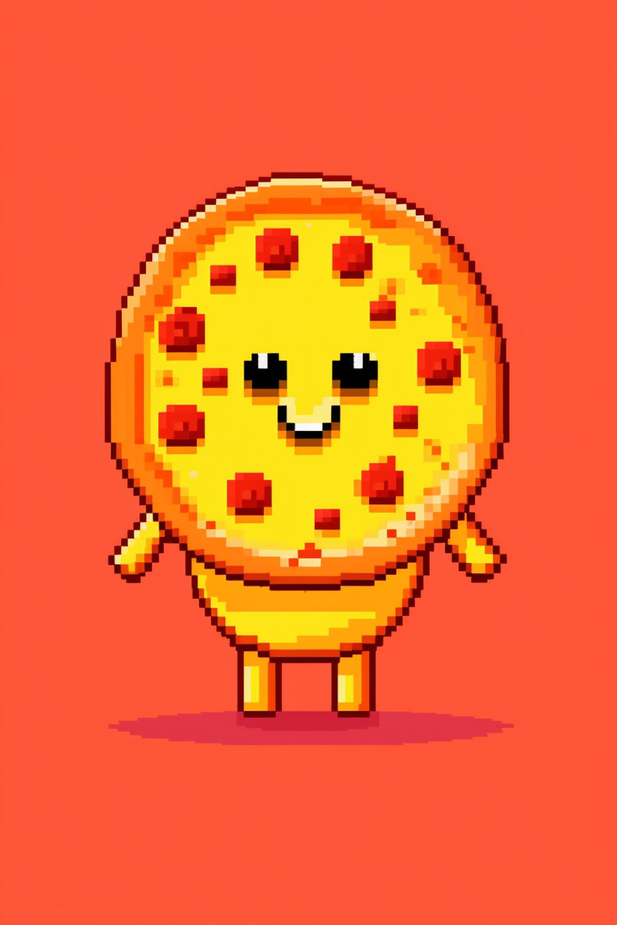 Round pizza with cute eyes, arms and legs shows cl👍 in pixel art style
