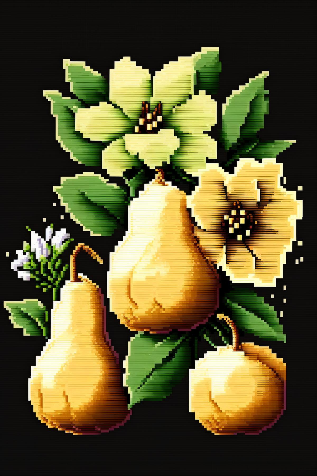 Fresh juicy pear halves and flowers , pixel art
