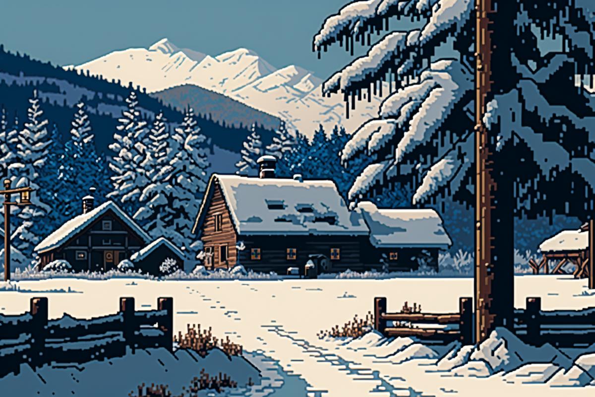 village in winter in Altai, pixel art