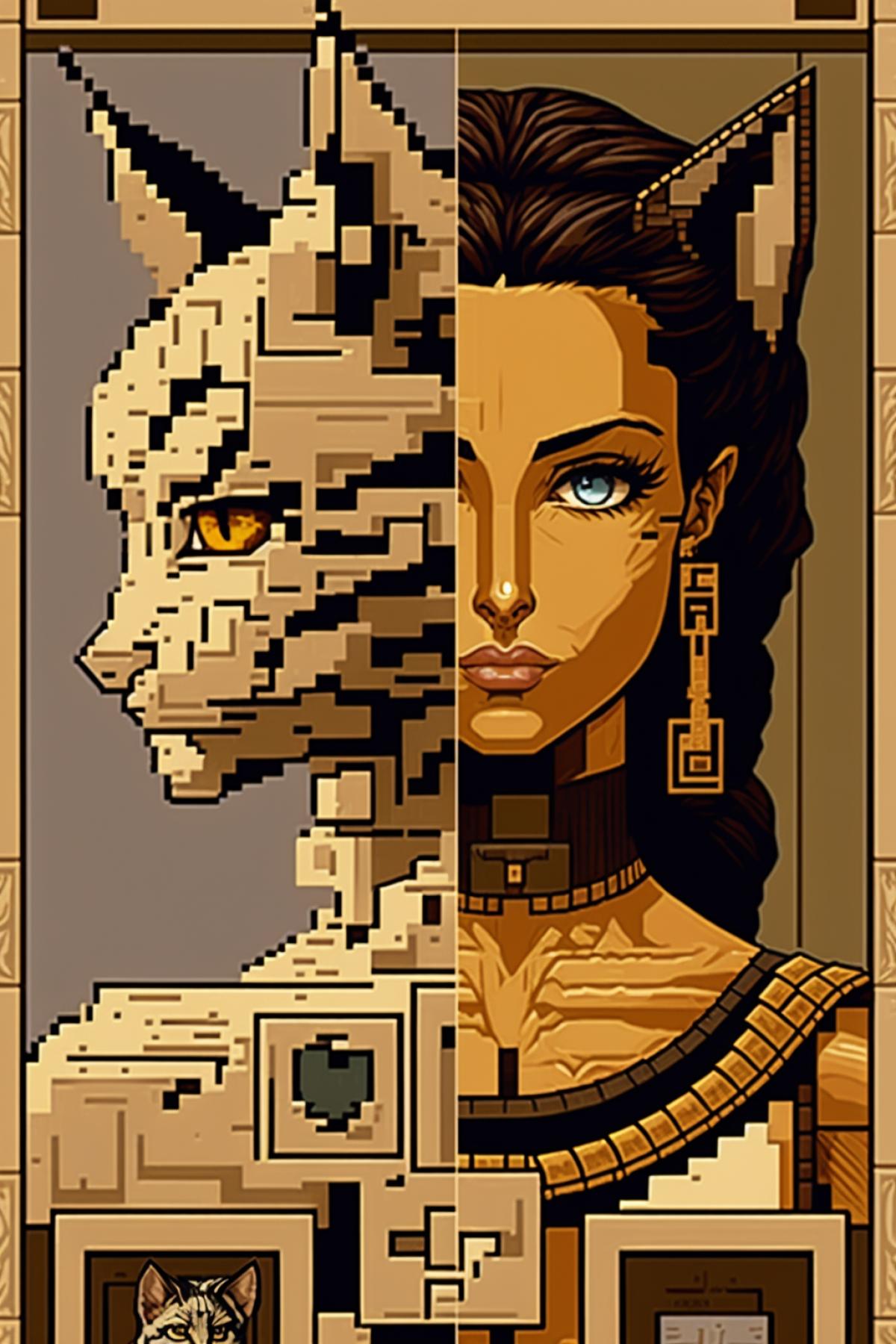 divided image, two images, one tanned egyptian catgirl, one office lady, pixel art, by Roberto ferri