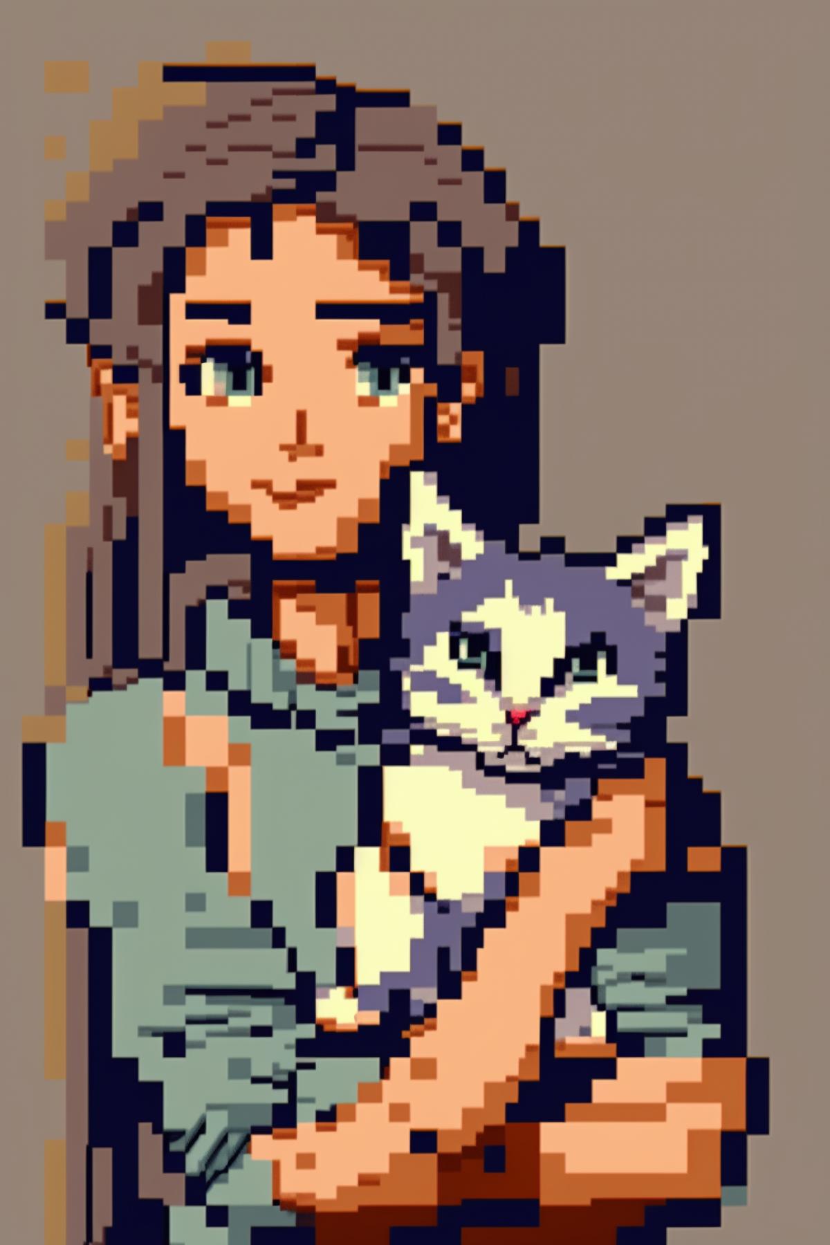 4bit Pixel art: anime lady holding a cat, in the style of pixel perfect cel shading, dithering + clean lines