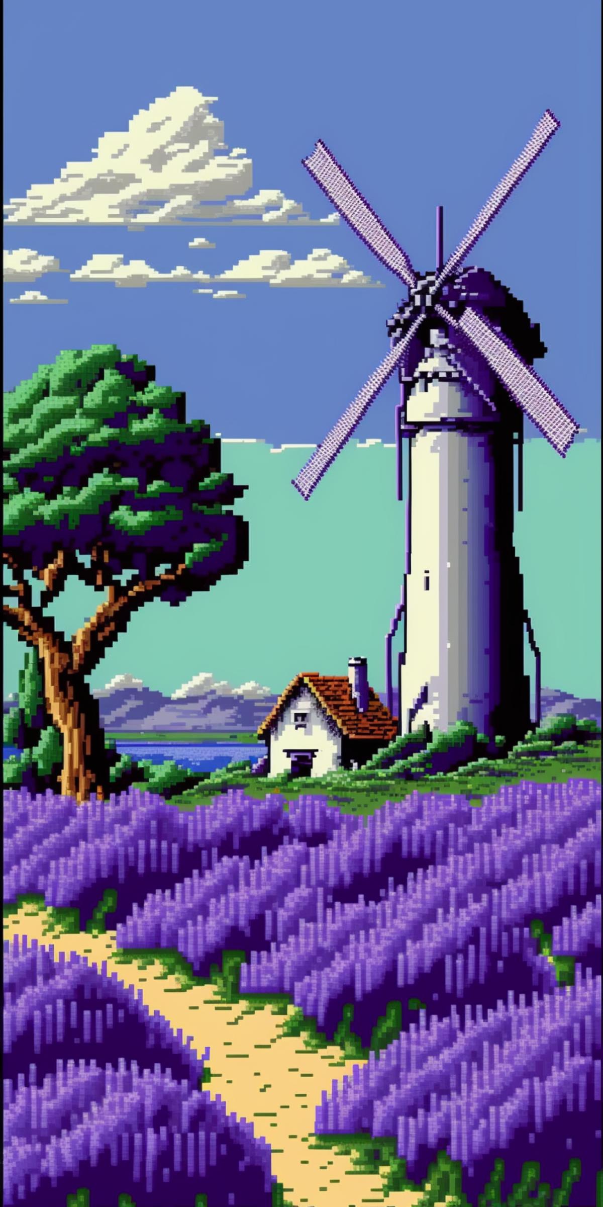 Pixel art of a dreamy lavender field with a majestic windmill in the distance, in the style of the San Francisco Renaissance. 32k UHD, Hirohiko Araki, realist detail, detailed marine views, Simeon Solomon, exotic