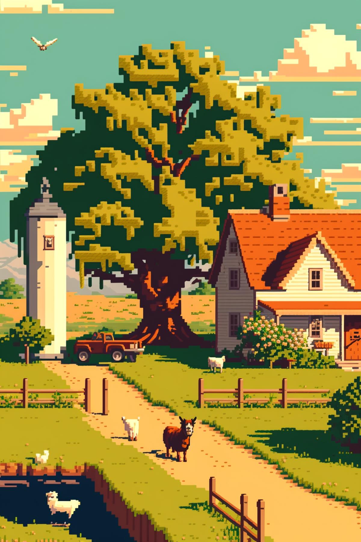 16-bit pixel style, the great and charm farm ville with farmer, animals, tractor, trees in a golden hour