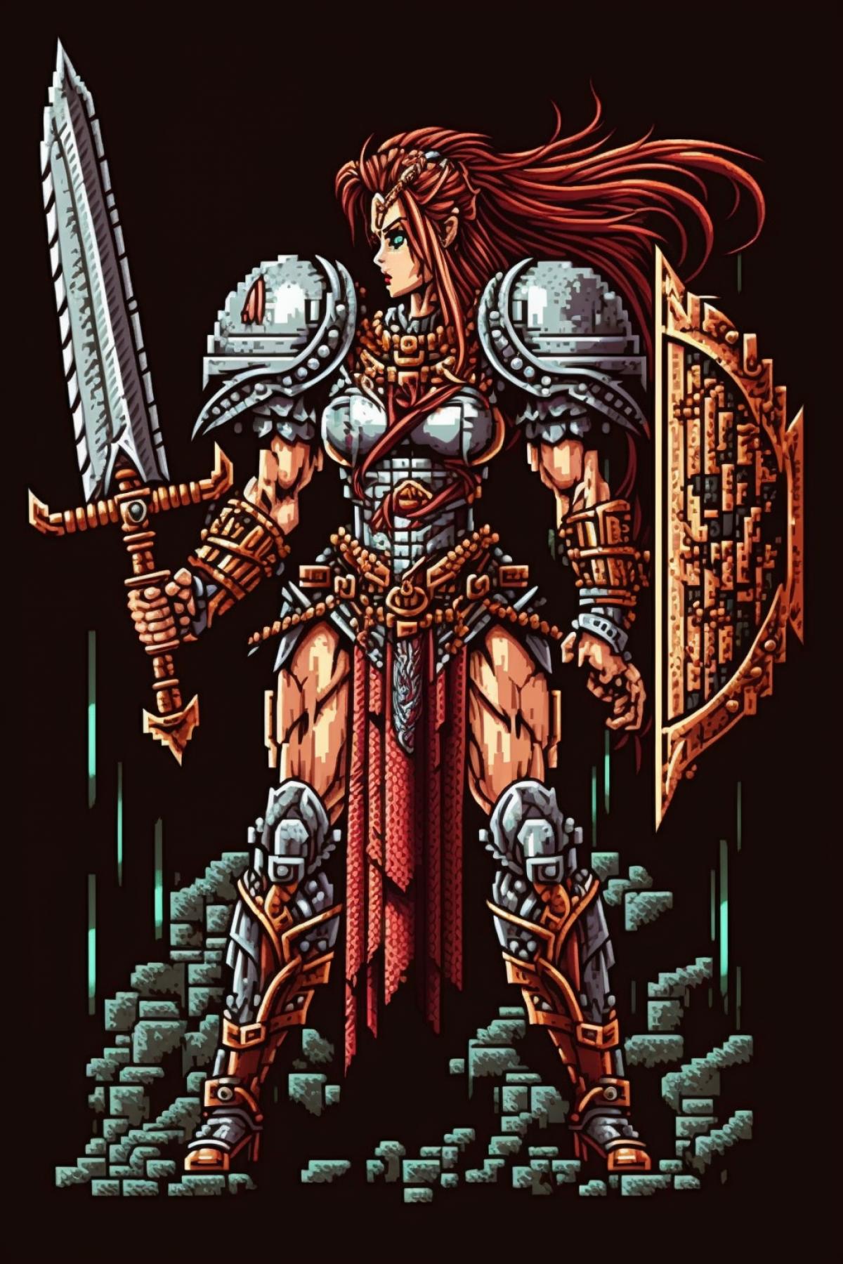 muscular female warrior, highly detailed pixel art, highly intricate, epic, heavy armour