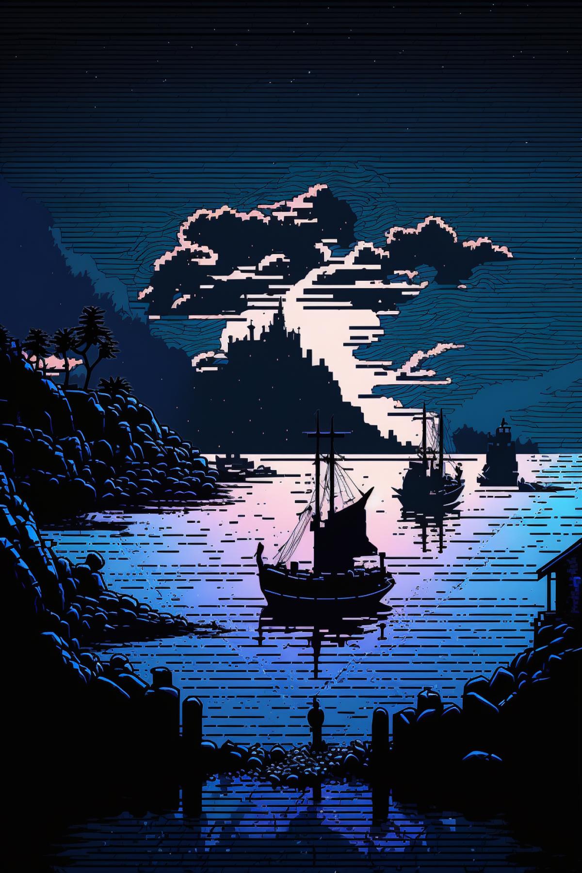 Silhouette coastal fishing village seascape art, layered, sky, sea, blue tones, background, illustration, 16 bit pixel art, sharp edges, vibrant colours