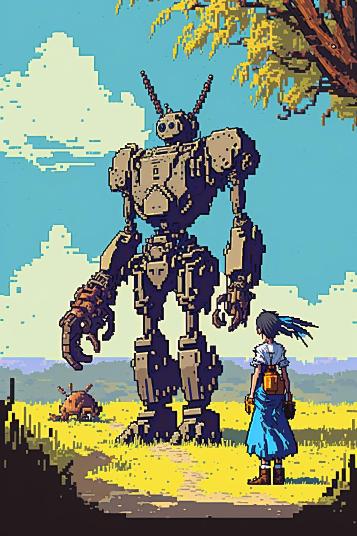 8 (16) bit pixel art, fantasy art, girl adventurer and her junk robot companion, optimistic, morning, blue skies, pastoral, in the style of Studio Ghibli
