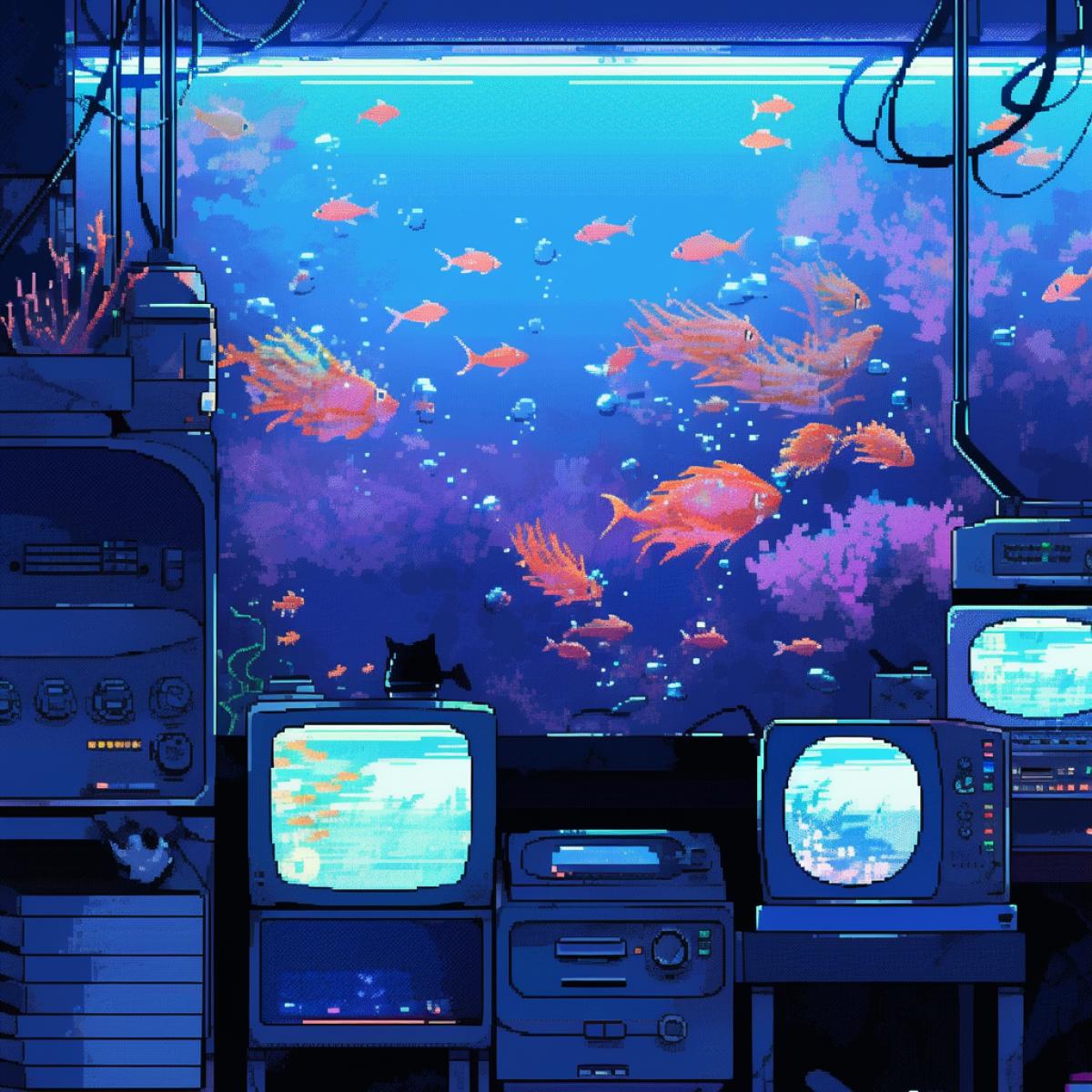 pixel art, fish in an aquarium, screenshot of an old computer game, game pixel background