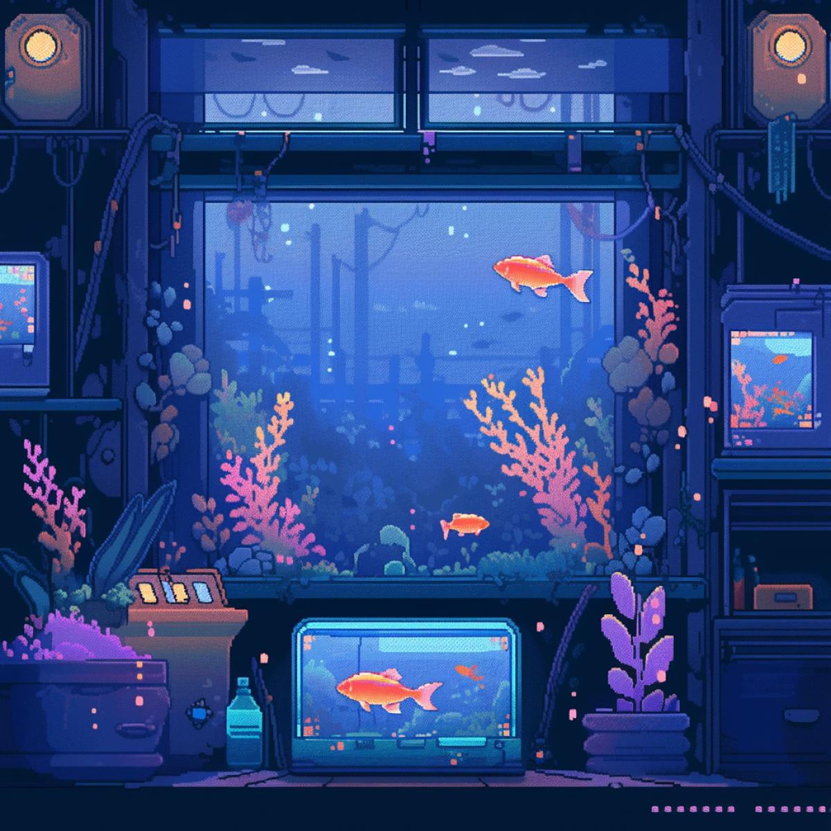 pixel art, fish in an aquarium, screenshot of an old computer game, game pixel background