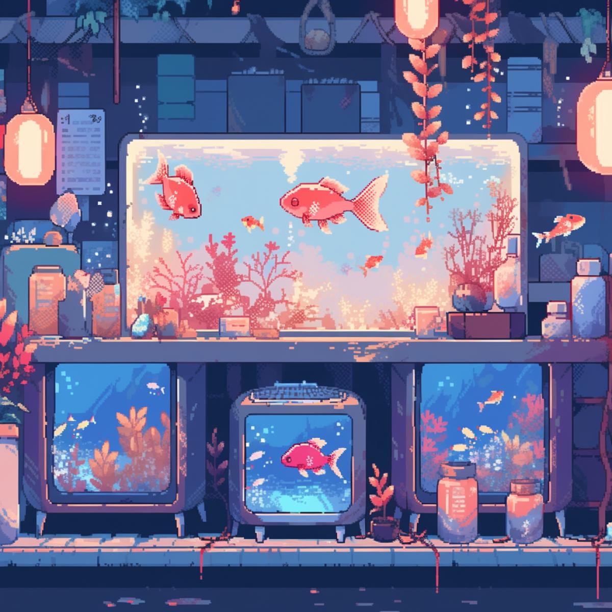 pixel art, fish in an aquarium, screenshot of an old computer game, game pixel background