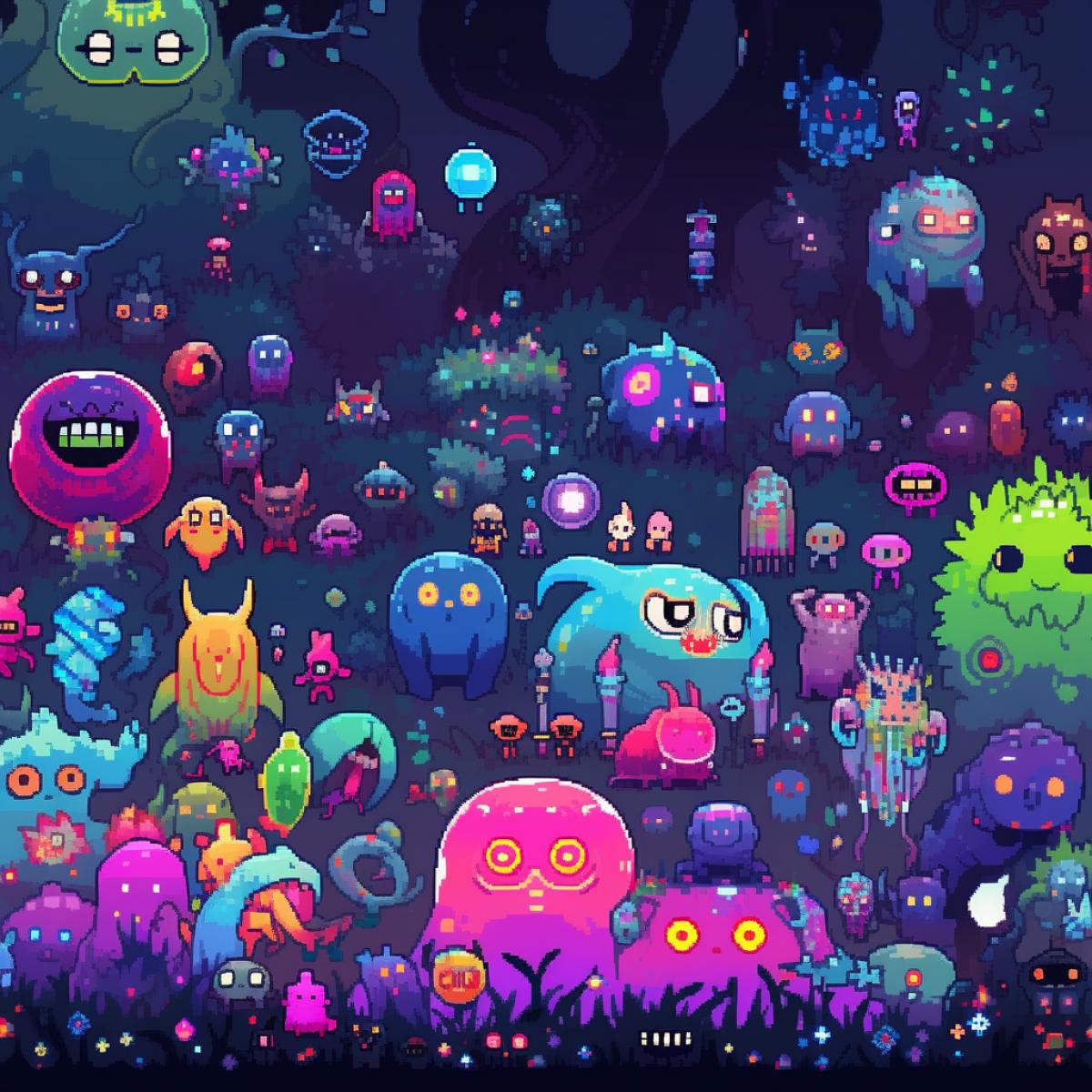 pixel art, funny monsters, old computer game screenshot, game pixel background