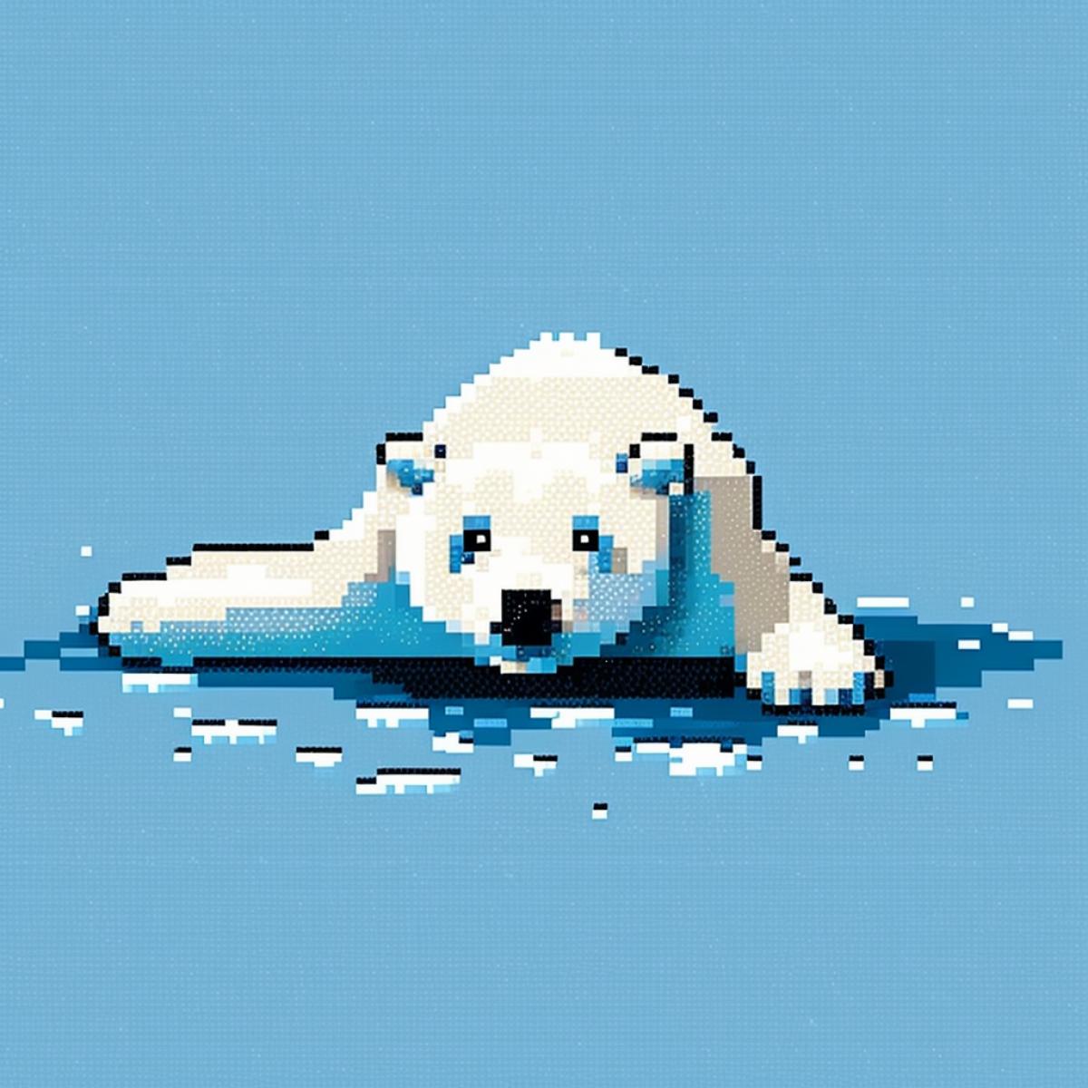 Pixel art, low resolution, A funny polar bear lies on its stomach on an ice floe, stretching its front paws forward and lifting its luxuryup, blue background
