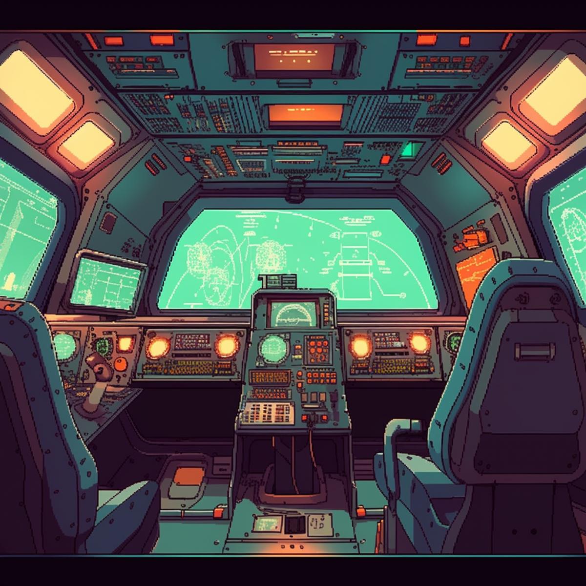 pixel art, low resolution, spaceship interior, 8-bit old computer game screenshot, 8 bit, square pixels