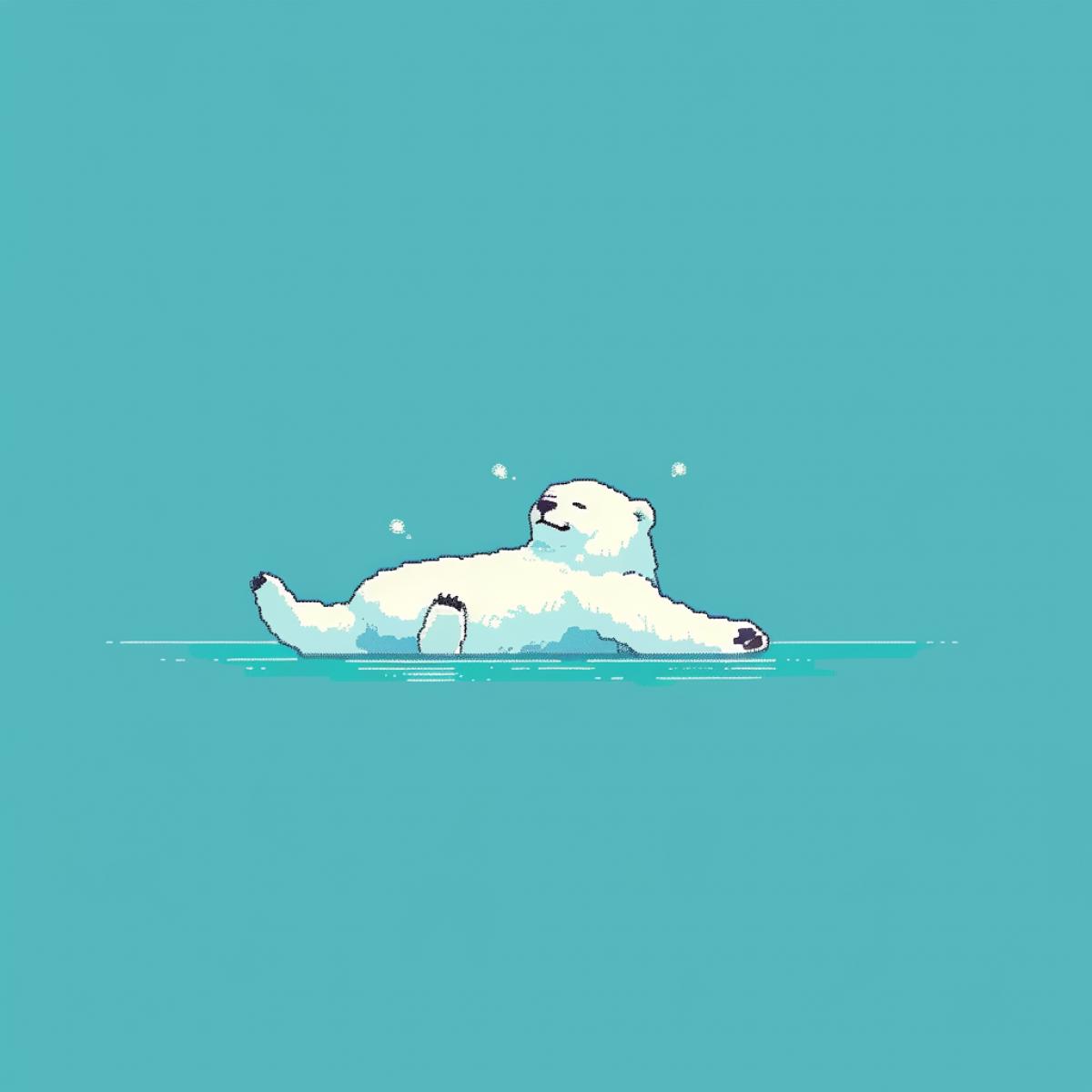 Pixel art, low resolution, Funny polar bear lying on his stomach on an ice floe, stretching his front paws forward and raising his luxuryup, side view, turquoise blue background, pixel gradient, caricature, cartoon, 256 colors