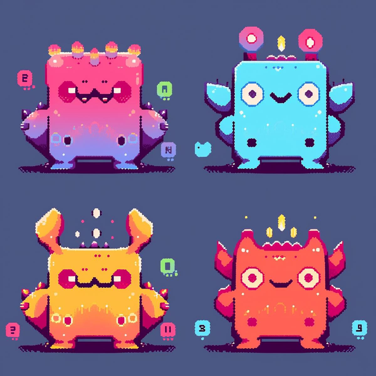 pixel art, low resolution, three funny cartoon monsters, 256 colors, pc game characters, cartoon, square pixels