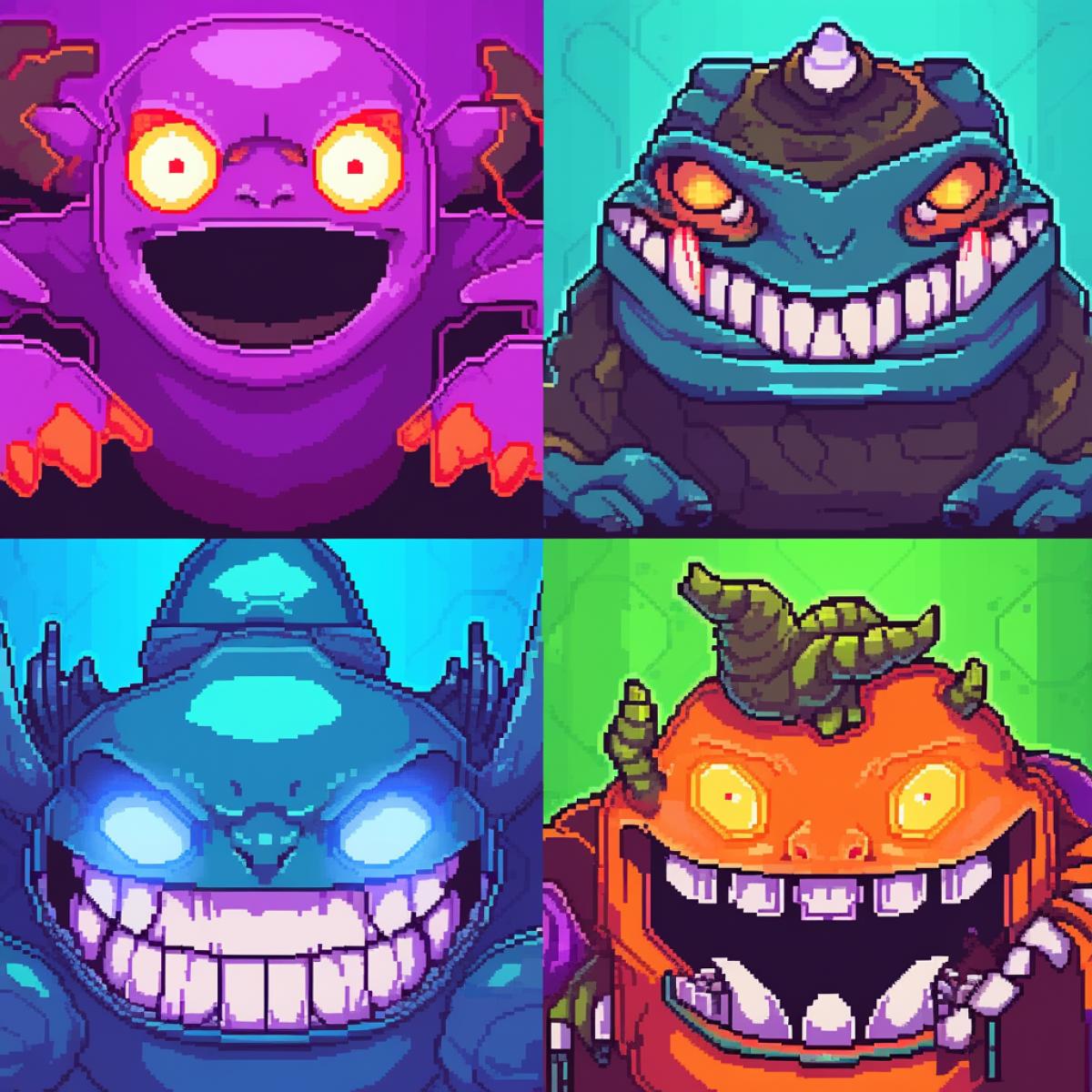 pixel art, low resolution, three funny cartoon monsters, 256 colors, pc game characters, cartoon, square pixels