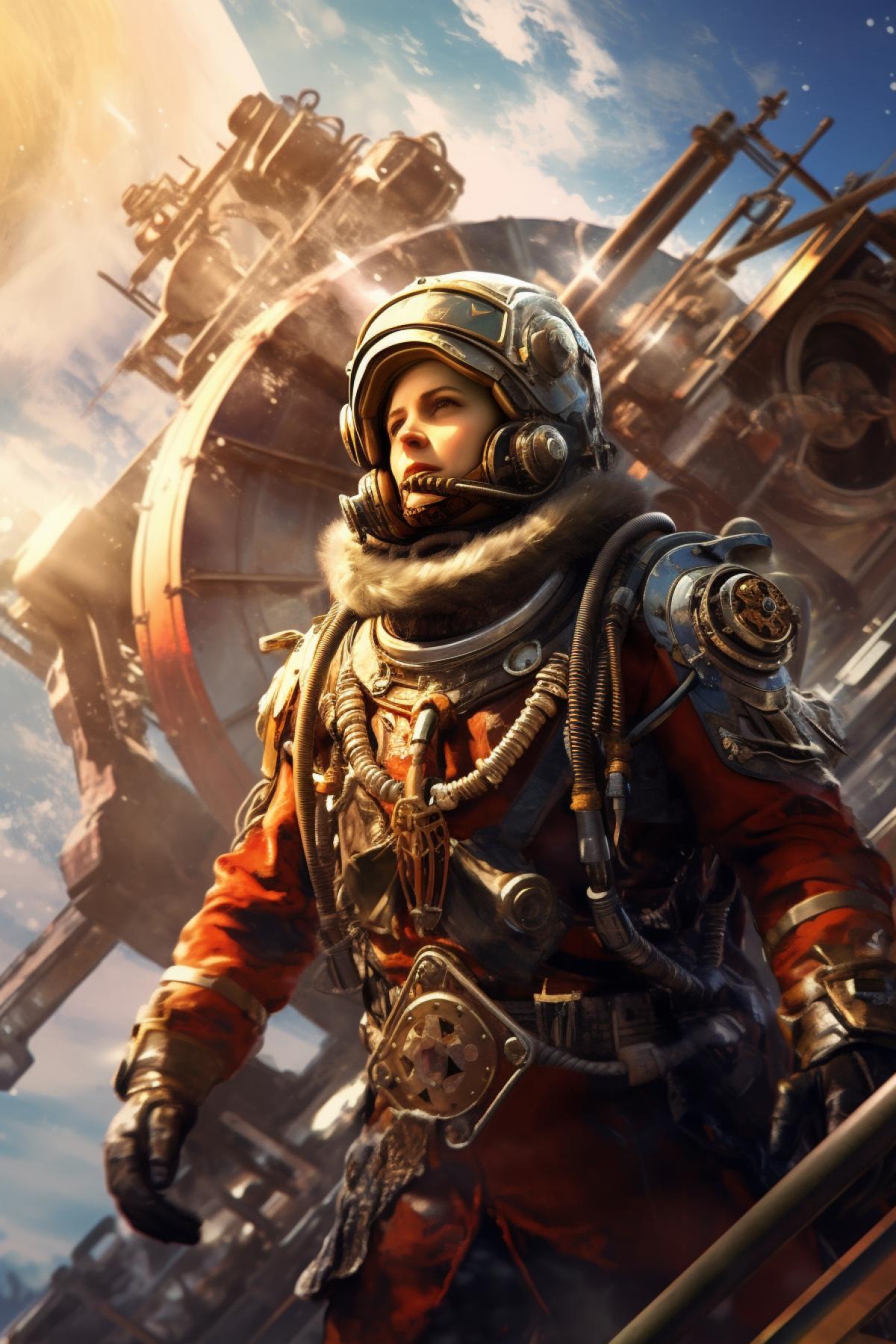 In the foreground, Yurii Gagarin is smiling from the front in a steampunk spacesuit. In the background, the steampunk spaceship Vostok is ready for launch. There are cirrus clouds in the sky, illuminated from below by the rising sun on the horizon. Frame from the film in the style of steampunk fantasy. Full quality. Maximum details.