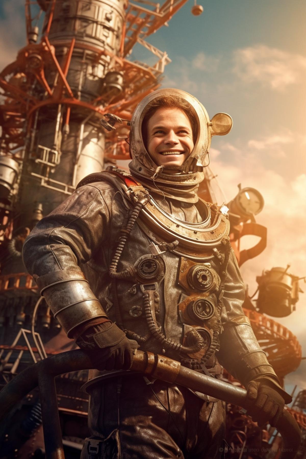 In the foreground, Yurii Gagarin is smiling from the front in a steampunk spacesuit. In the background, the Vostok spacecraft, ready for launch, on a steampunk rocket launcher. There are cirrus clouds in the sky, illuminated from below by the rising sun on the horizon. Frame from the film in the style of steampunk fantasy. Full quality. Maximum details.