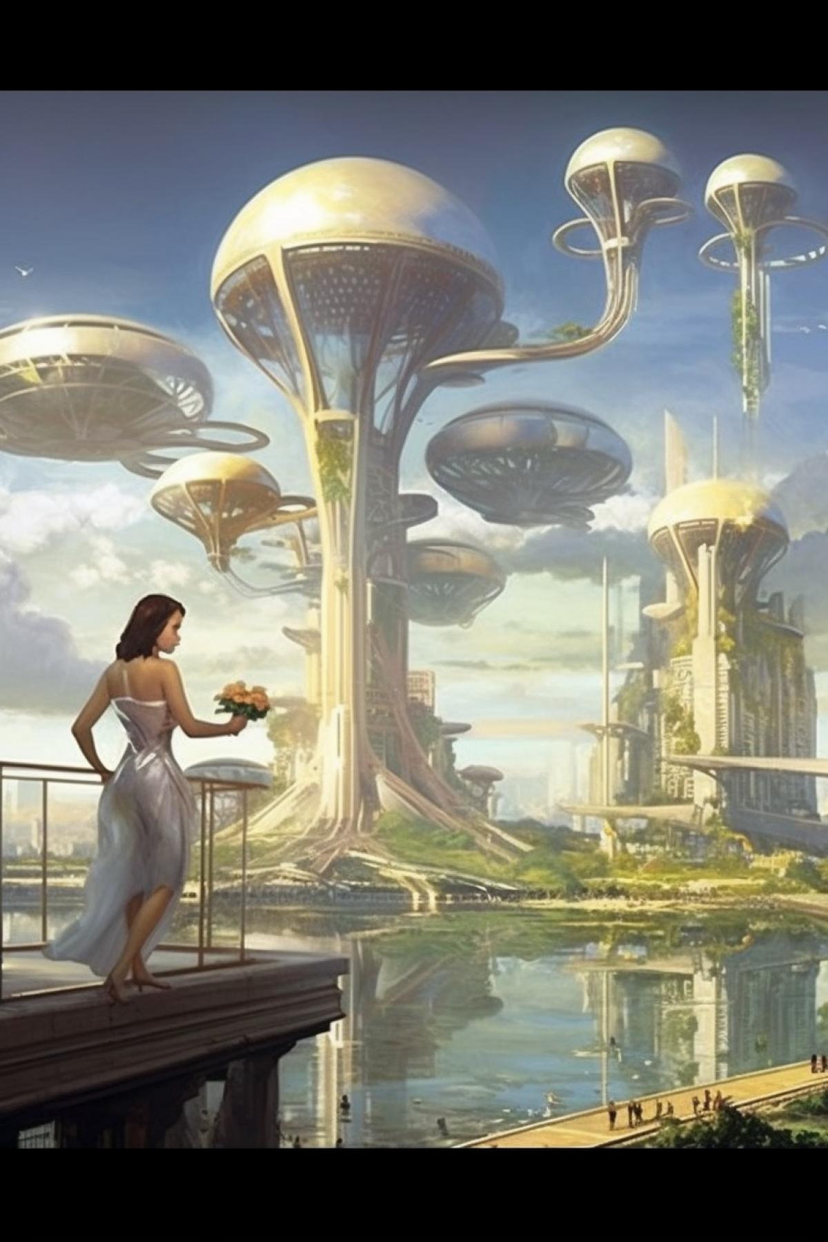 A futuristic future in fairy tales on the theme of the Solar City, where there are many flying cars and landing sites on high columns with steps, sparkling domes of transparent buildings, people in shiny clothes, in the style of oil painting by William Adolphe Bouguereau