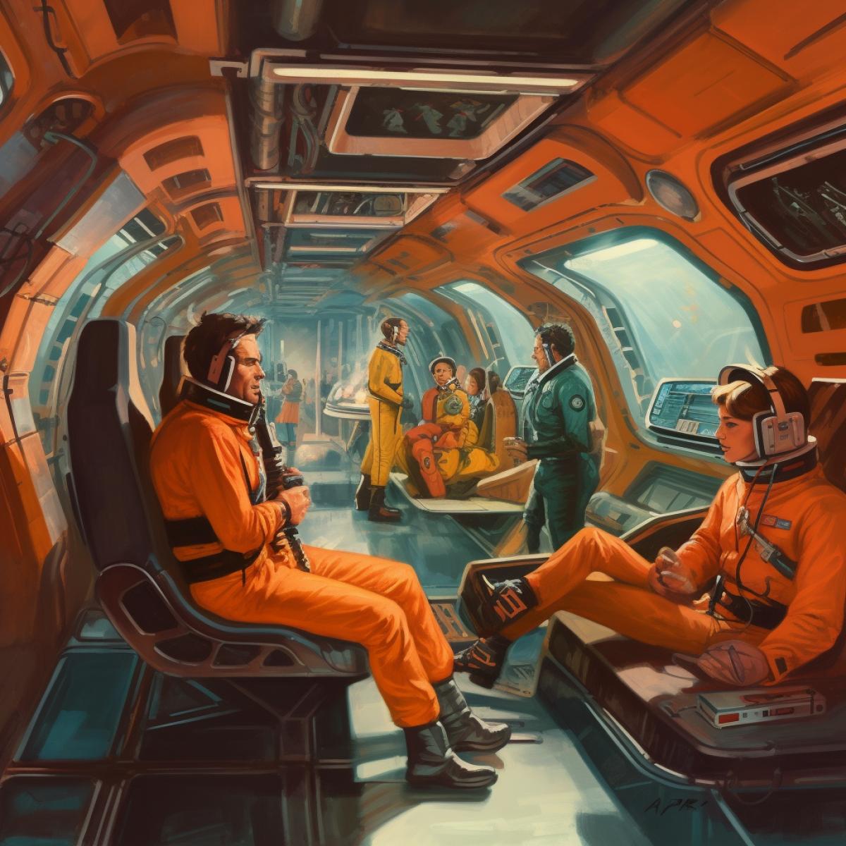 Landing passengers on a spaceship in the genre of retrofuturism