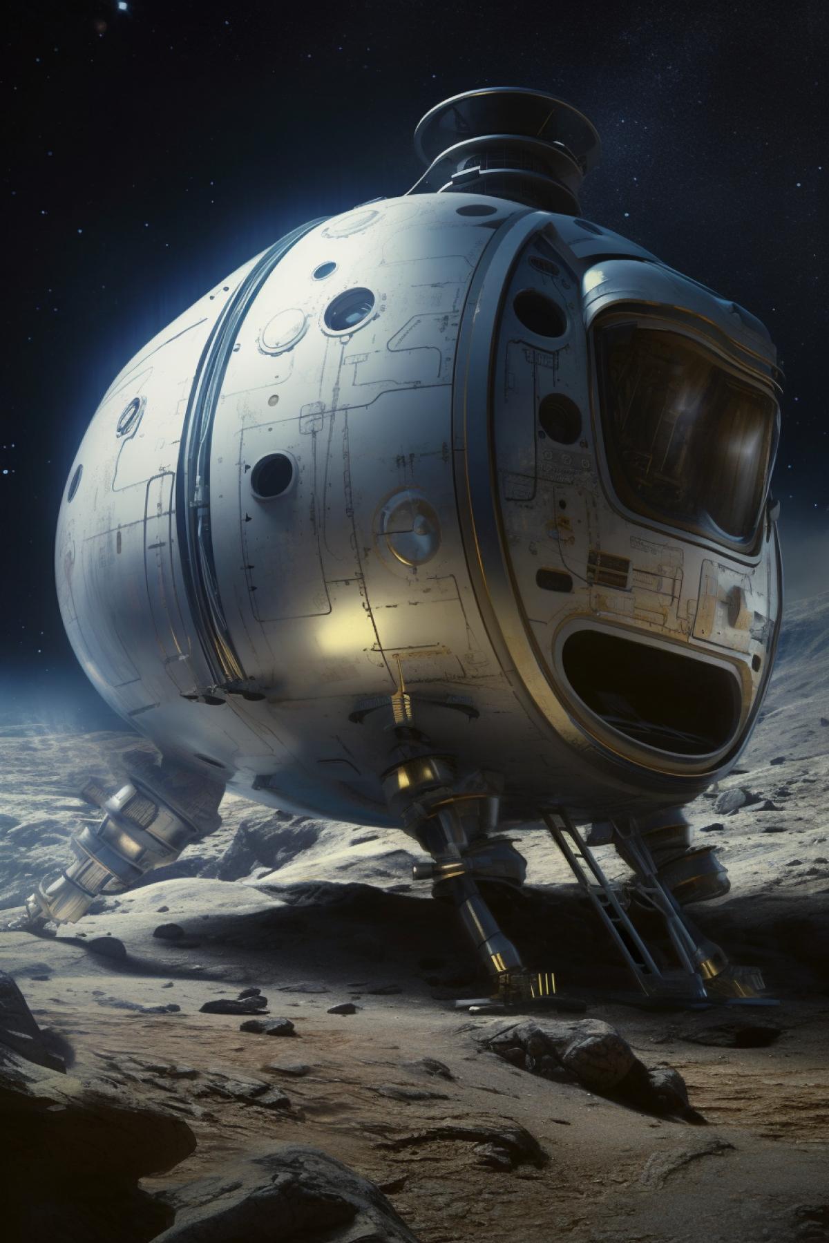 spaceship by Antonio SantElia landing on the moon, ultra-detail, retrofuturism