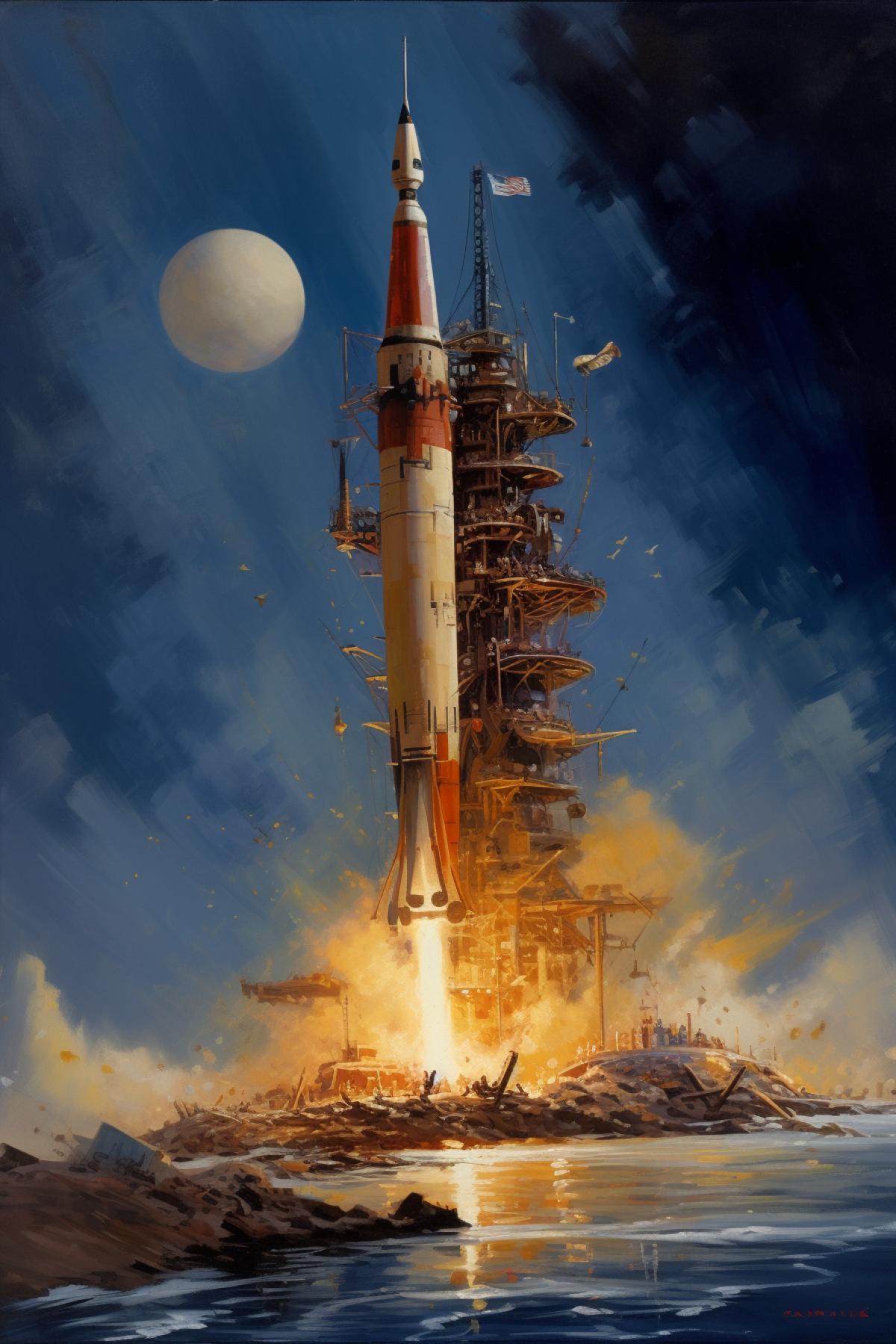 rocket launch in the style of Robert McCall retrofuturism
