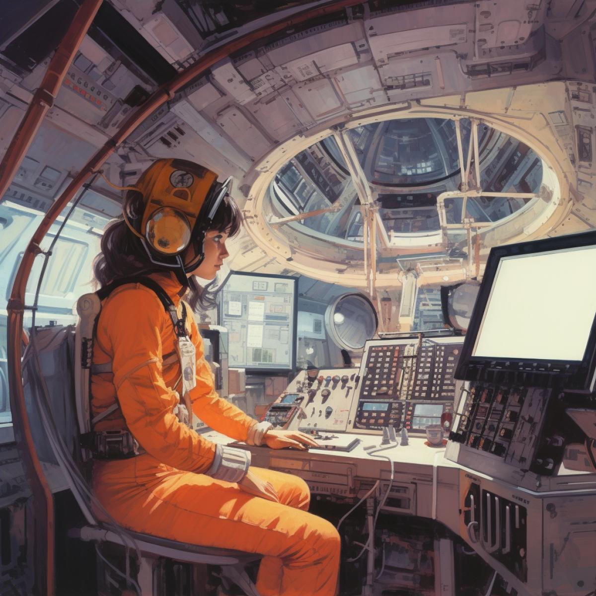 Girl astronaut on the space station by Syd Mead retro-futurism, ultra-detailed