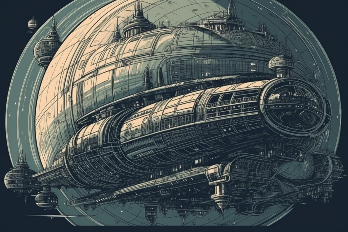 Spaceship of their universe Metropolis 20s of the 20th century, retro futurism