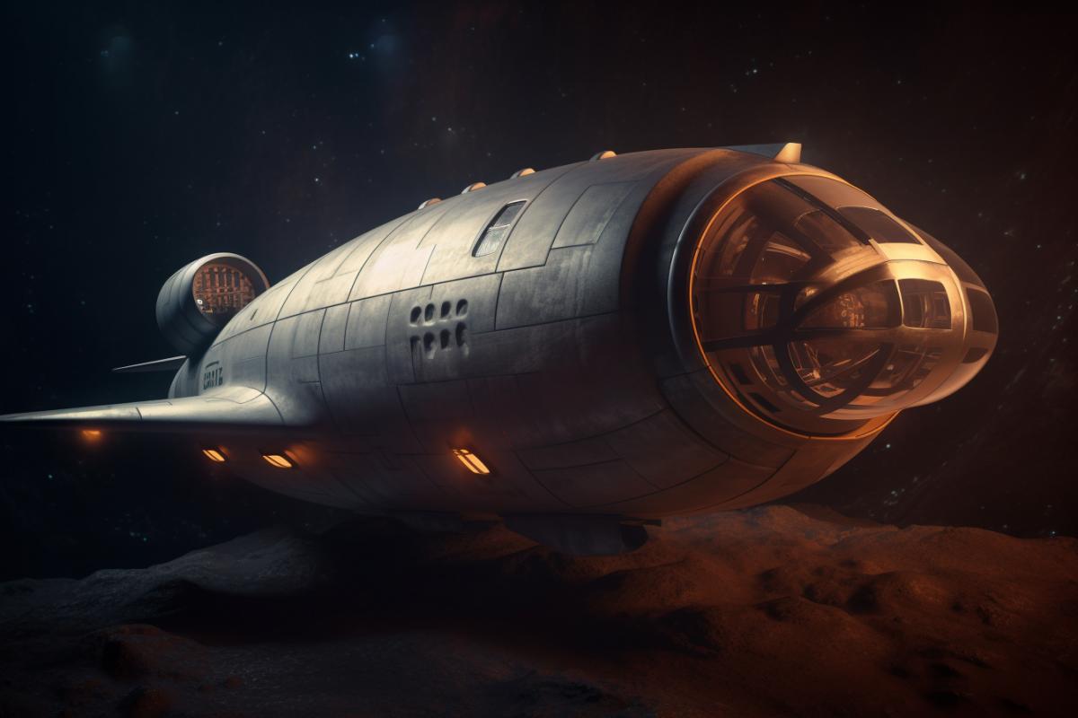 Spaceship from the universe of the movie Barluxurylla in space, retro futurism