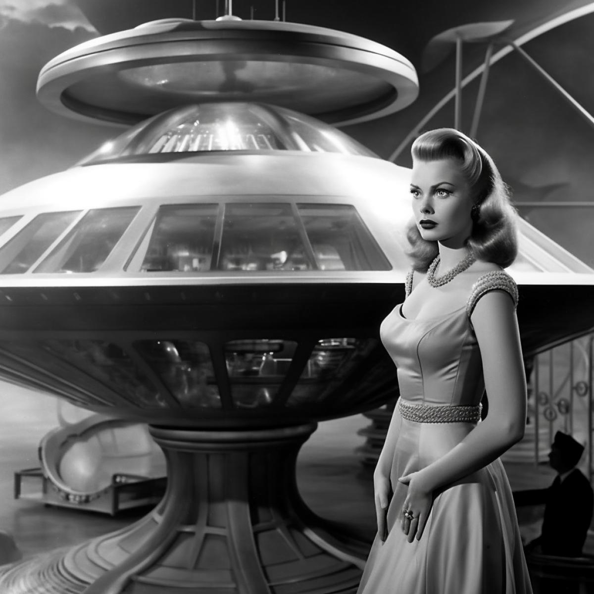 Still from movie Forbidden Planet 1950 with starship, retro futurism